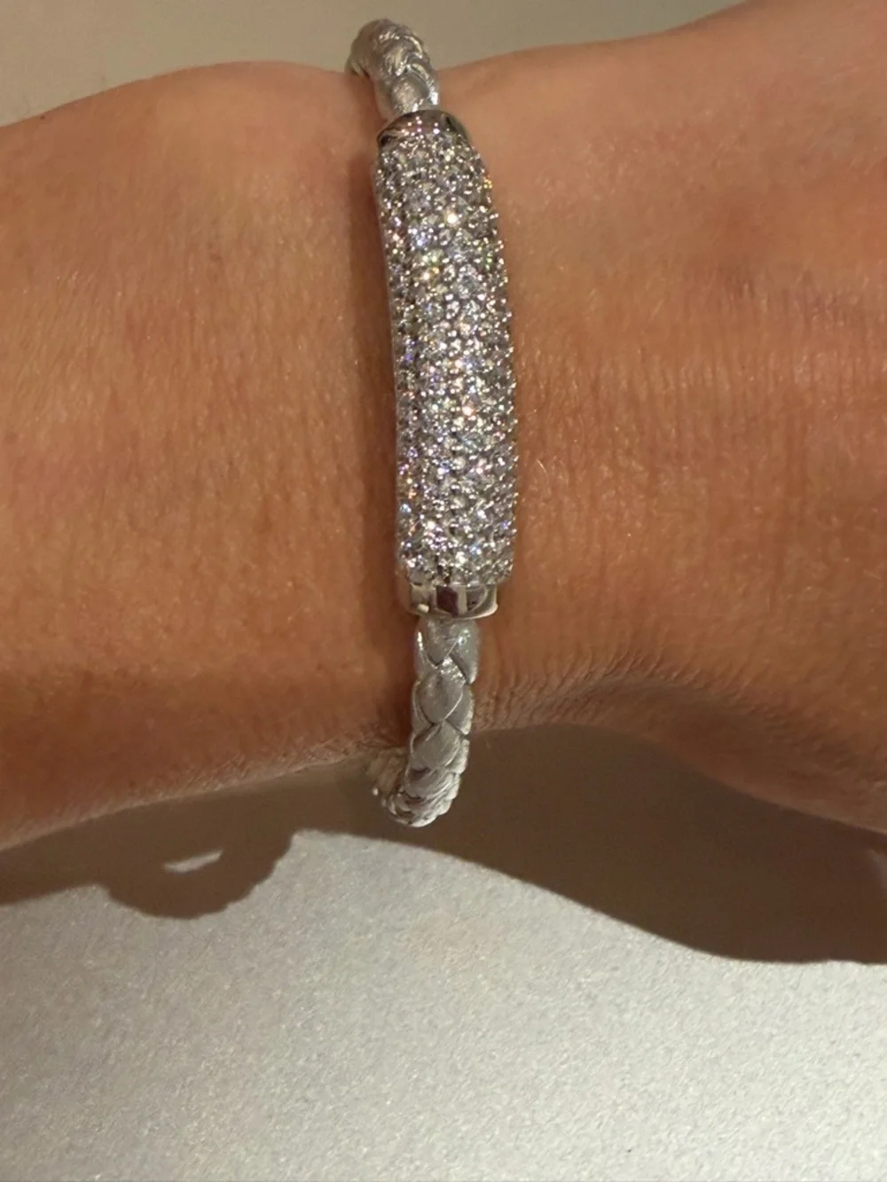 Milor Italy Silver Pavé Curved Bar Braided Leather Bracelet NWT SPARKLING ✨ 💎 - Picture 4 of 5